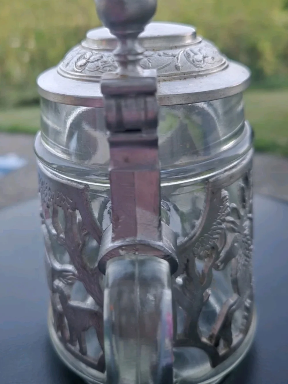 Rare Vintage German Beer Stein Pewter Lid Deer & Hound Hunt Scene